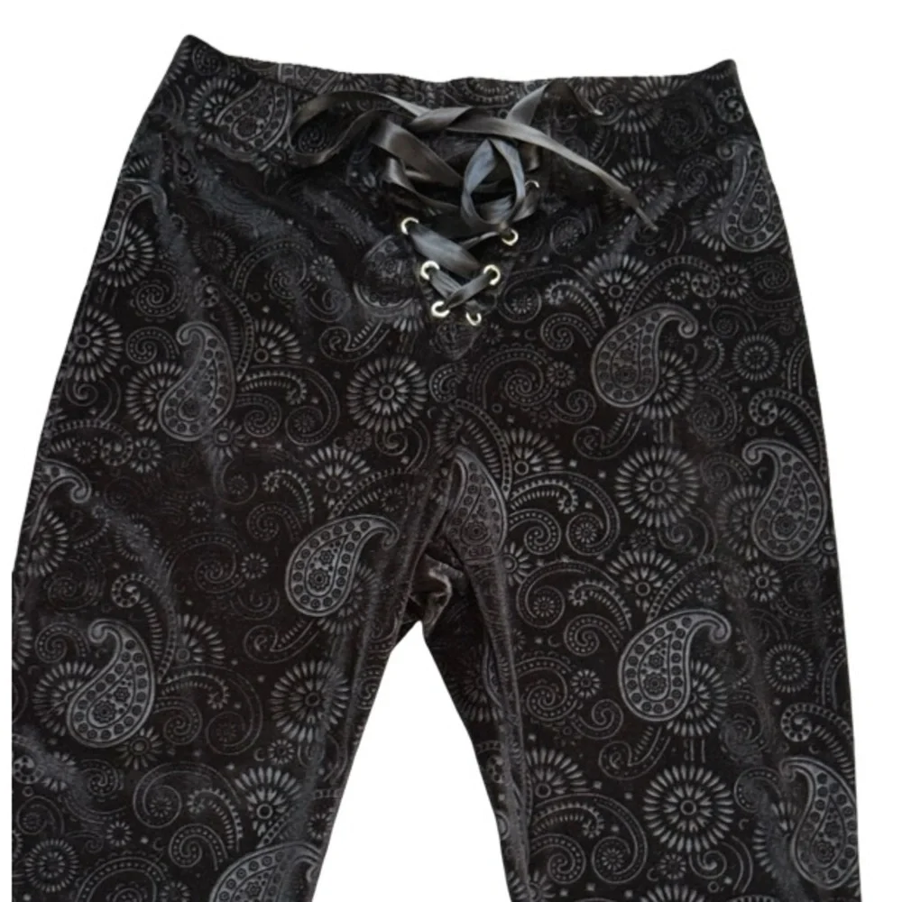 Goth Velvet Boho Gypsy Black Paisley Flare Pants - Picture 3 of 11